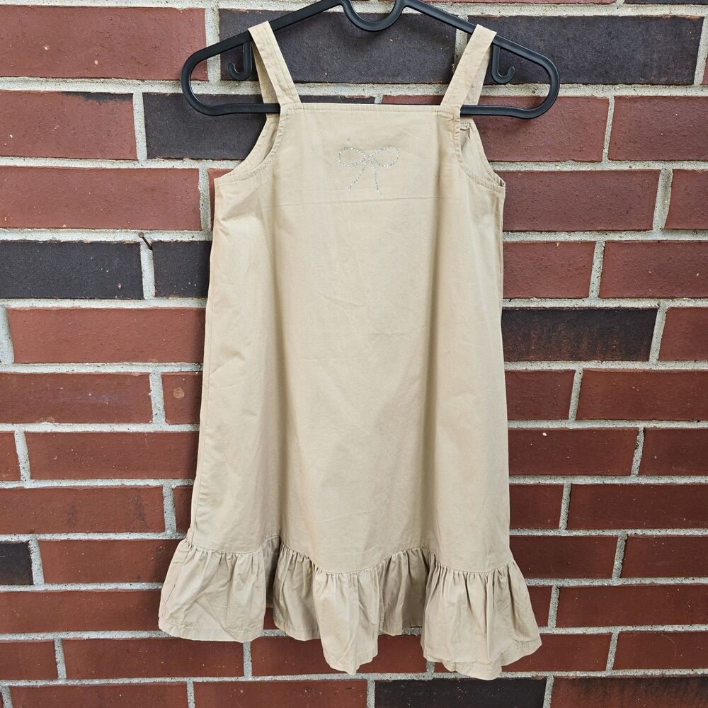 H&M Ruffle Hem Beige Dress Girls Size 7 Relaxed Fit 100% Cotton Bow Detail
